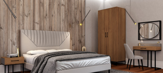 спалня в стил лофт с дърво